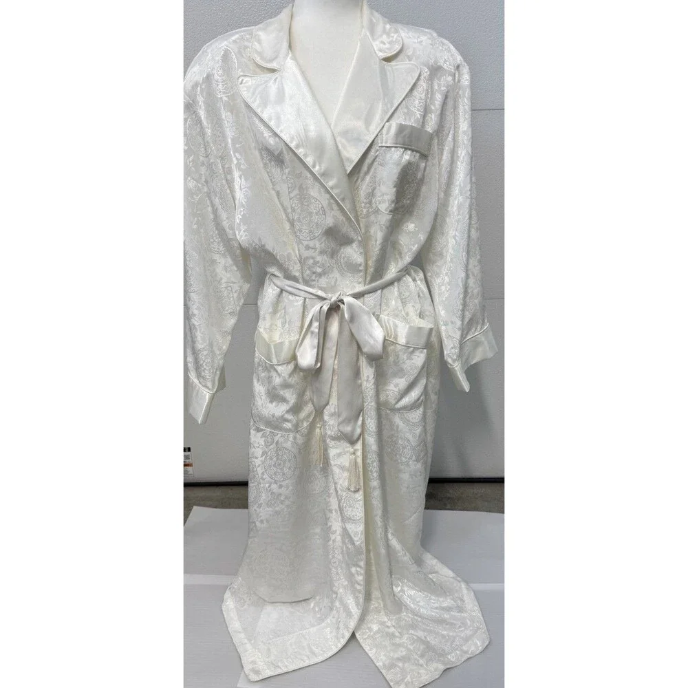 Vintage Long Womens Robe Ivory Victoria Secret Gold Label Bridal Pockets Sz M/L